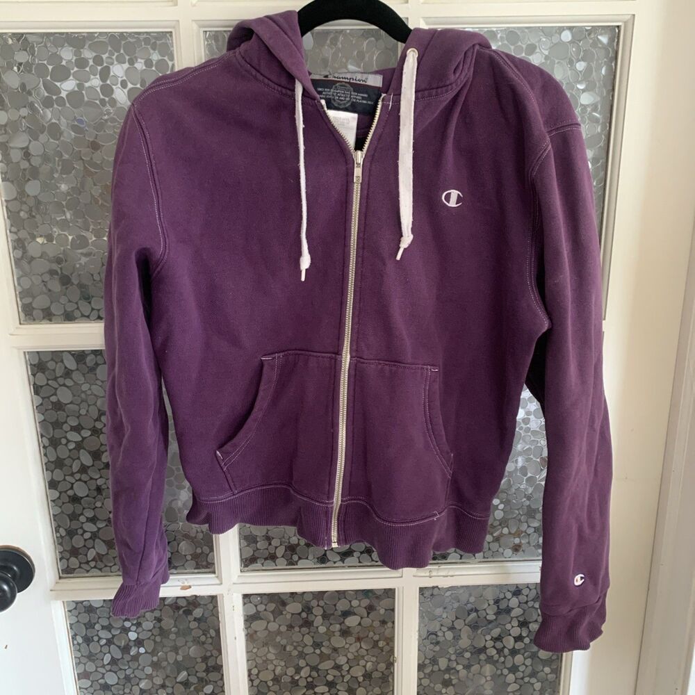 Champion Zip Front Hoodie Purple Cotton Sz L Cropped